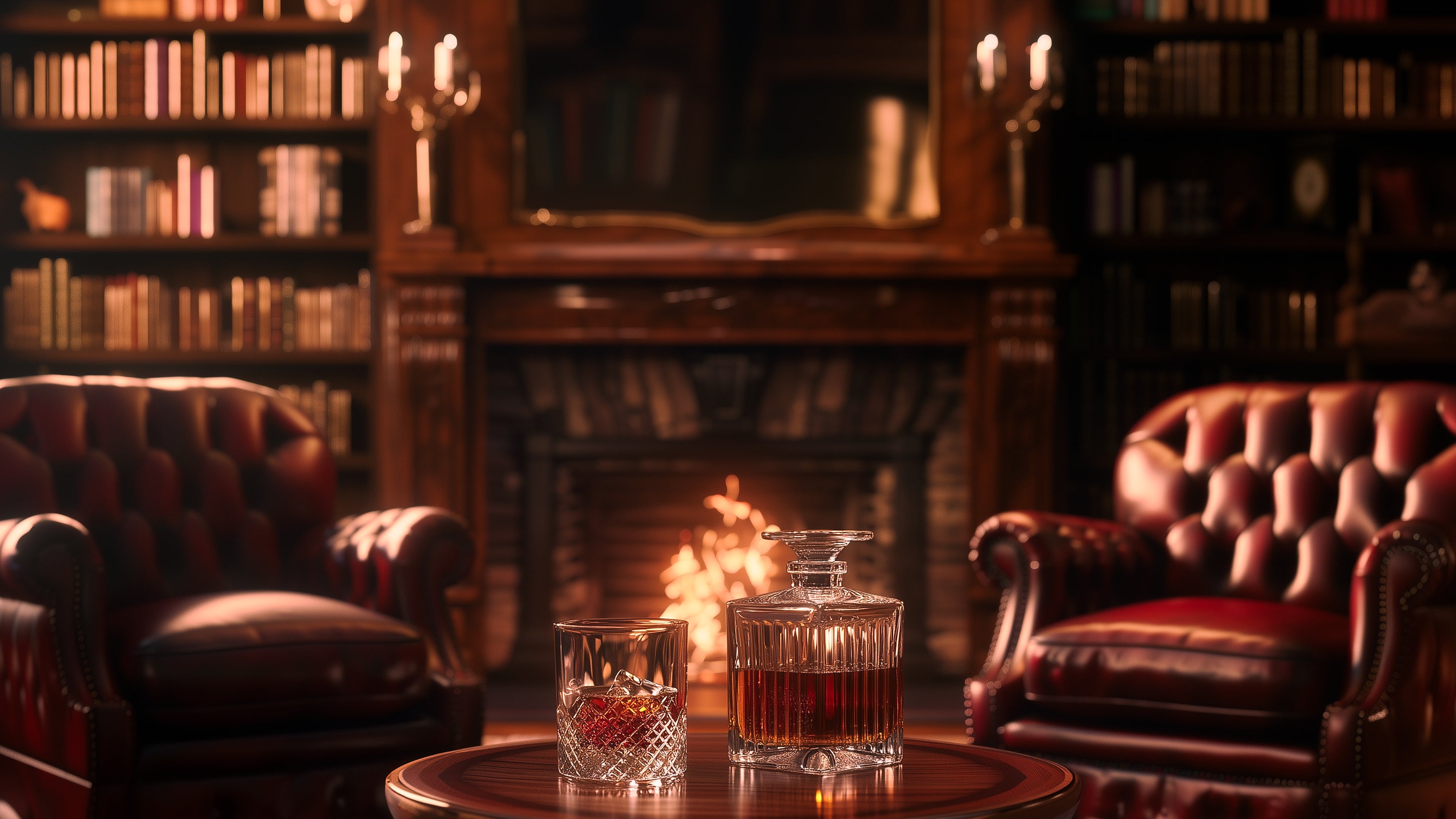 A refined whiskey lounge with leather armchairs, a fireplace, and crystal whiskey glassware, suited to a calm whiskey ritual and considered appreciation.