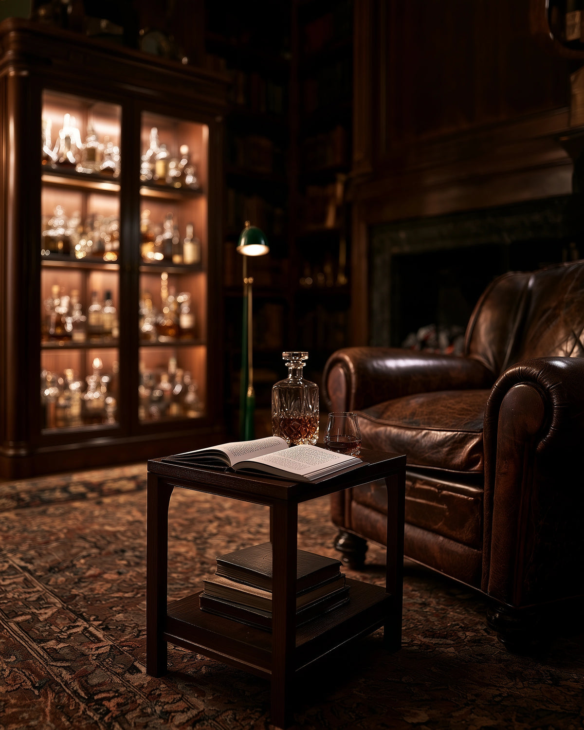 Whiskey room with leather armchair, open book, crystal decanter and whiskey glass