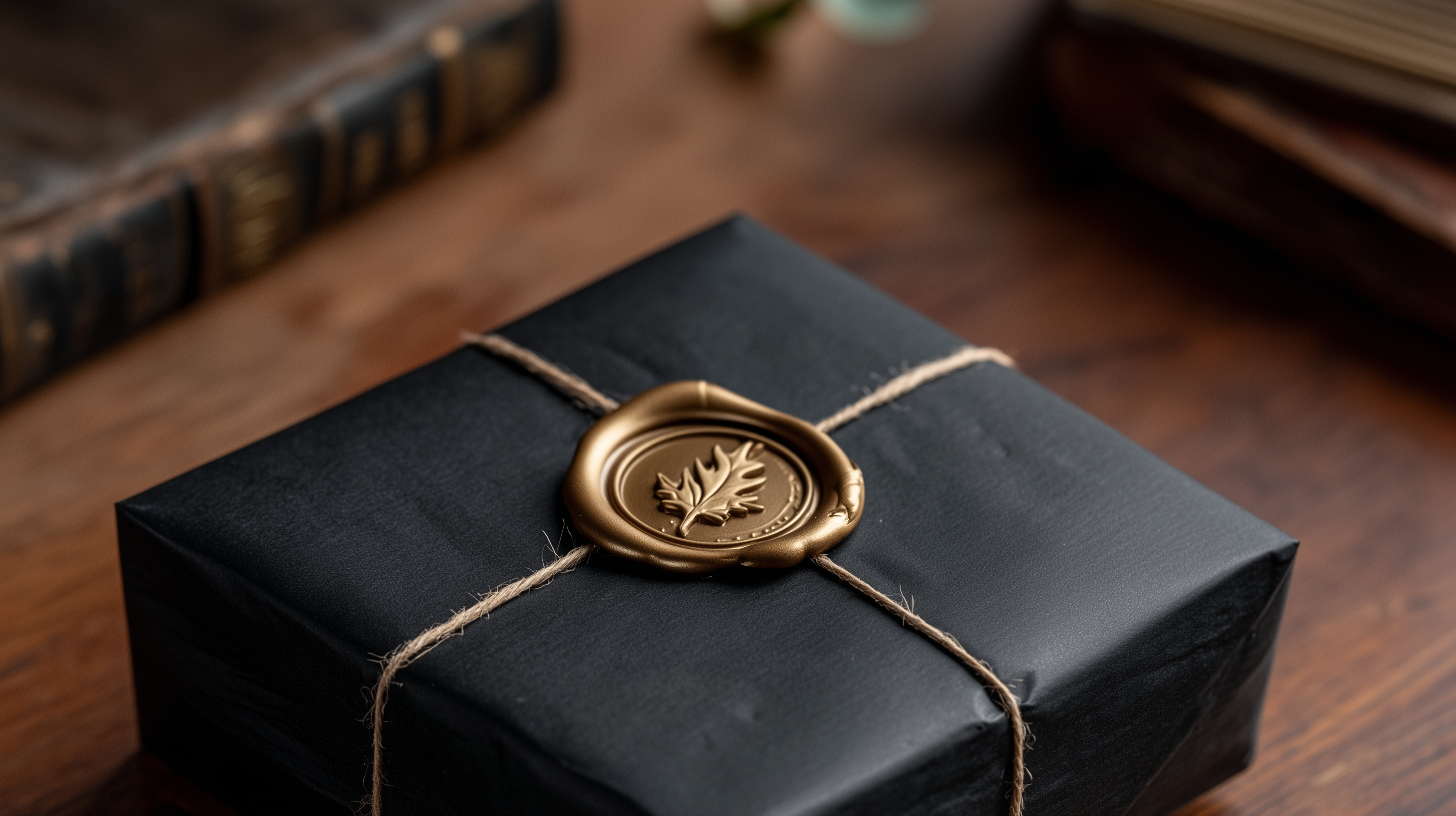 Premium gift presentation with black wrapped box, gold wax seal, and refined packaging designed for a high-end receiving and unboxing experience.